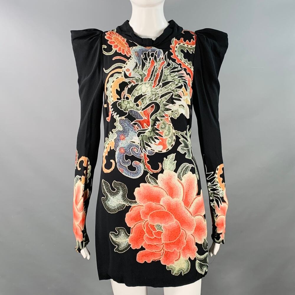 JOHN RICHMOND Guereda Black Multi Color Viscose Dragon Long Sleeve Dress